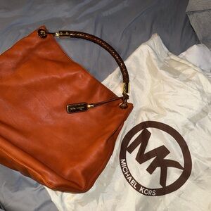 Michael Kors Burnt Orange Pebbled Leather Shoulder Bag with Braided Handle